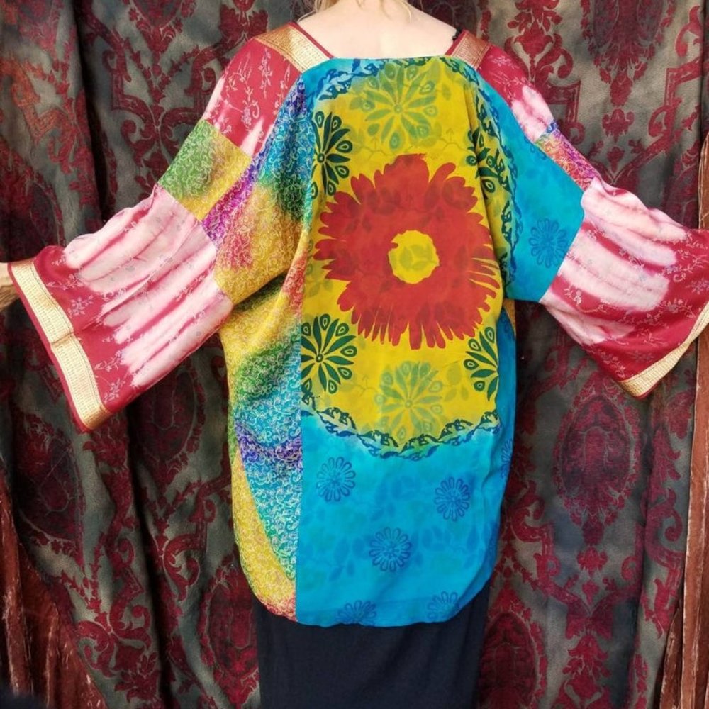 Boho Kimono Handmade Red Daisy tie dye caftan XL